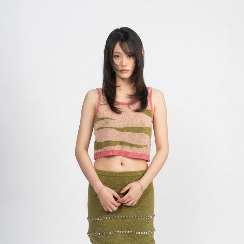 Hand-Beaded Stripe Knit Crop Top