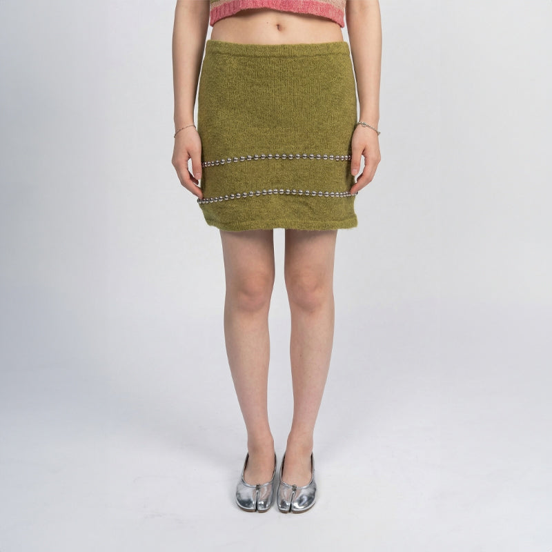 Studded Mohair-Blend Mini Skirt in Olive Green