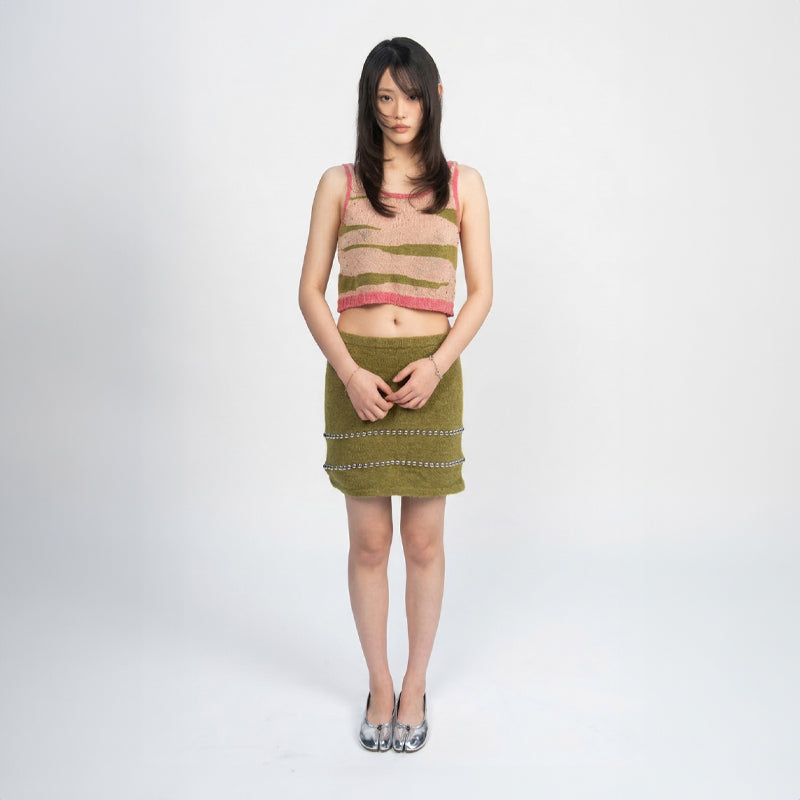 Studded Mohair-Blend Mini Skirt in Olive Green