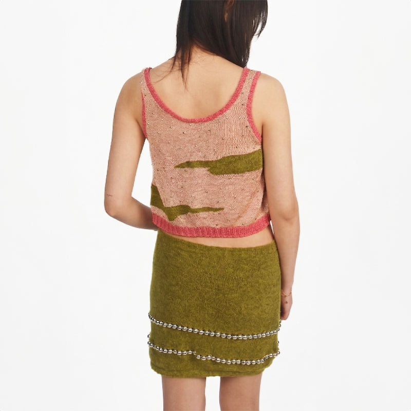 Hand-Beaded Stripe Knit Crop Top