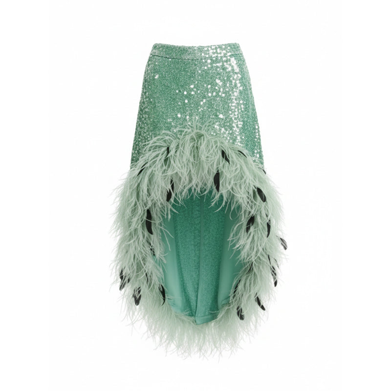 Sequins Midi Ostrich Feather Skirt