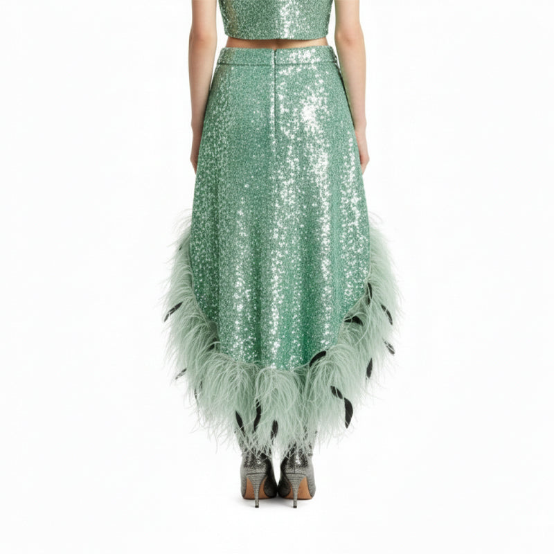 Sequins Midi Ostrich Feather Skirt