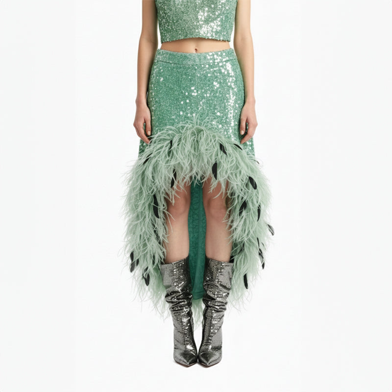 Sequins Midi Ostrich Feather Skirt