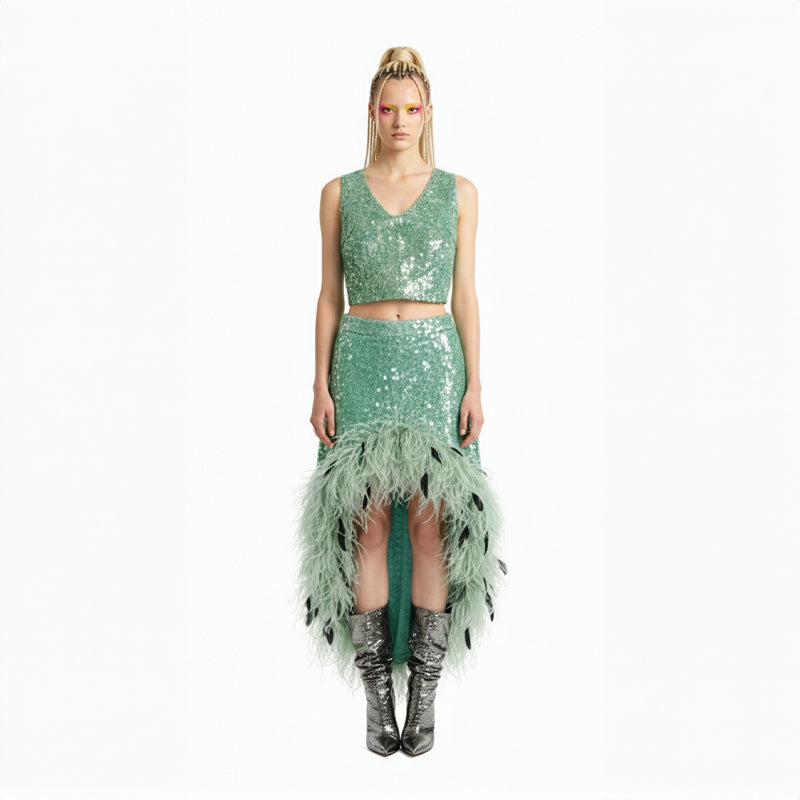 Sequins Midi Ostrich Feather Skirt