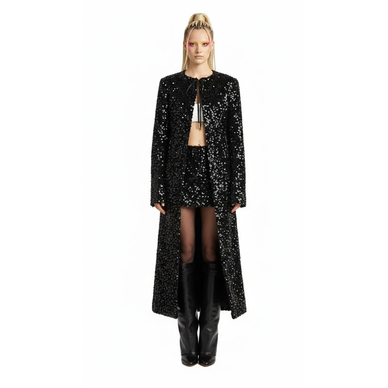 Ribbon-Tie Sequin Maxi Greatcoat