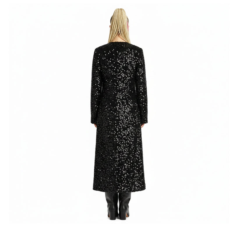 Ribbon-Tie Sequin Maxi Greatcoat