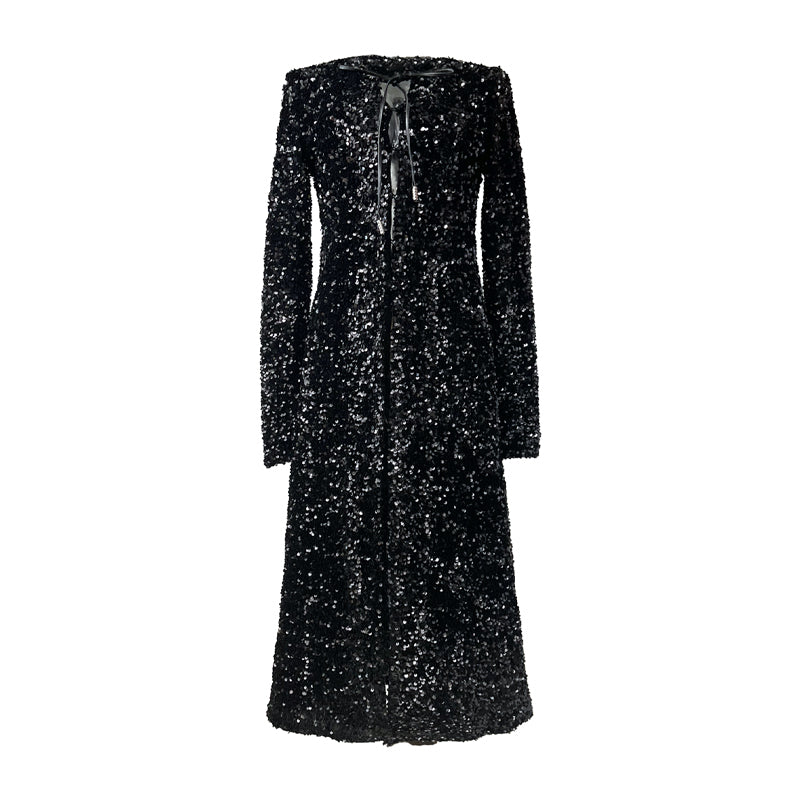 Ribbon-Tie Sequin Maxi Greatcoat