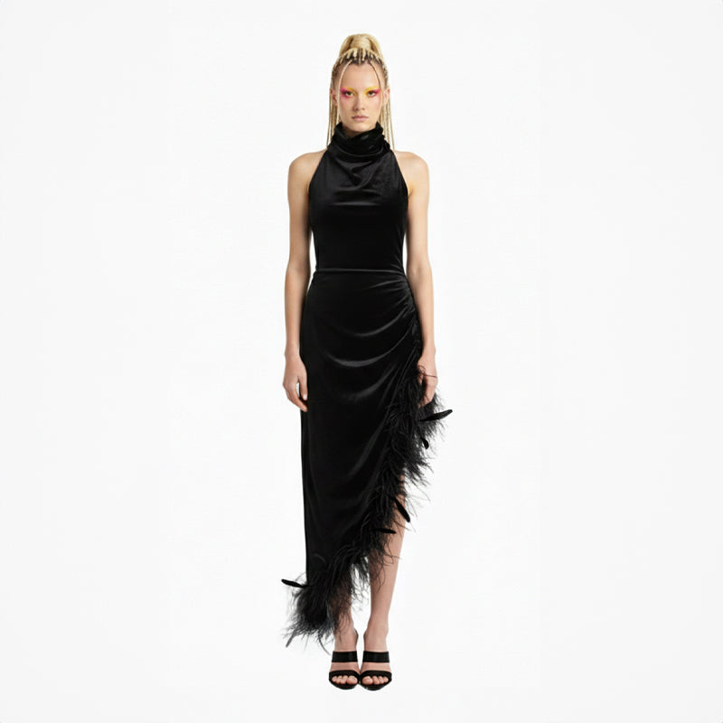 Asymmetric Velvet & Ostrich Feather Gown