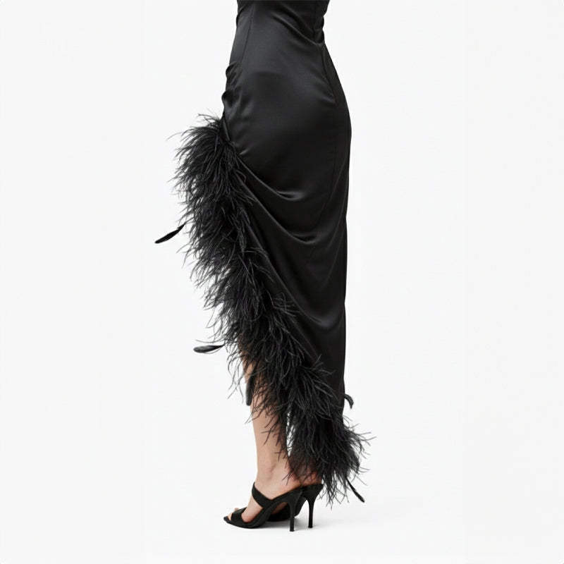 Asymmetric Velvet & Ostrich Feather Gown