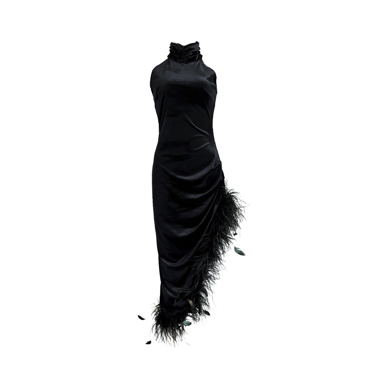 Asymmetric Velvet & Ostrich Feather Gown