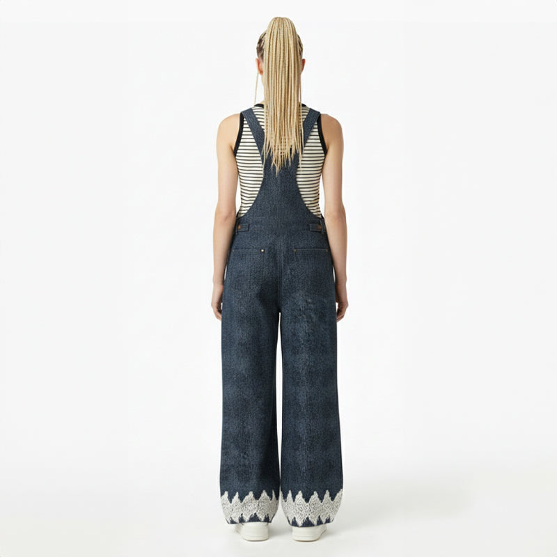 Guipure Lace-Hem Denim Overalls