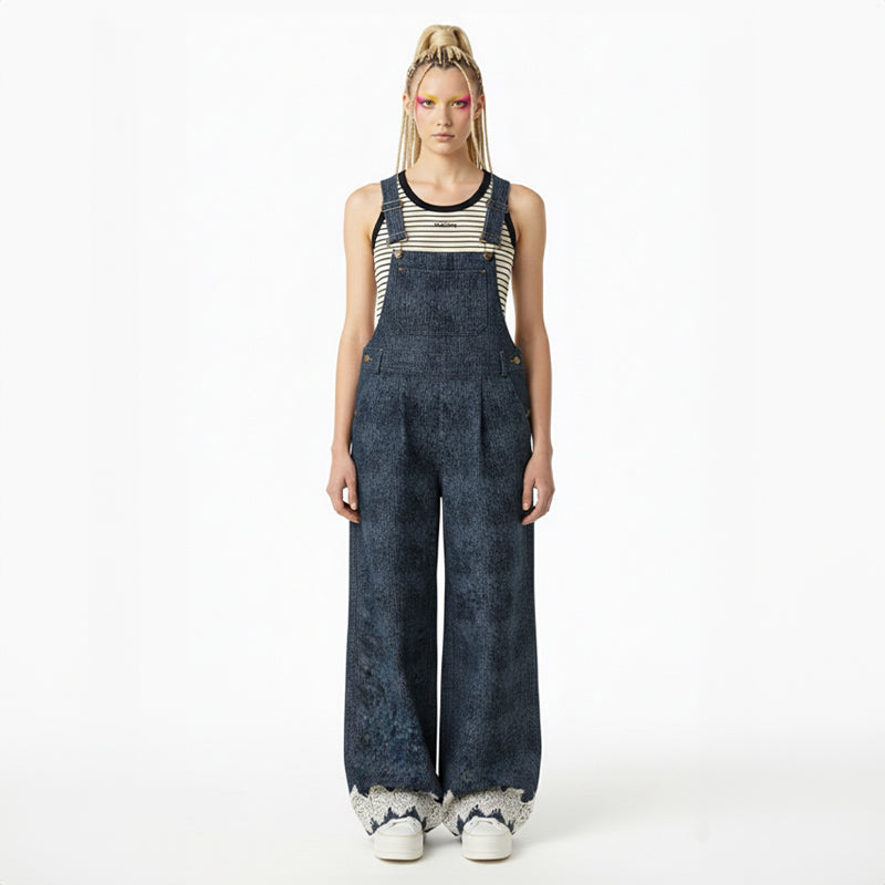 Guipure Lace-Hem Denim Overalls