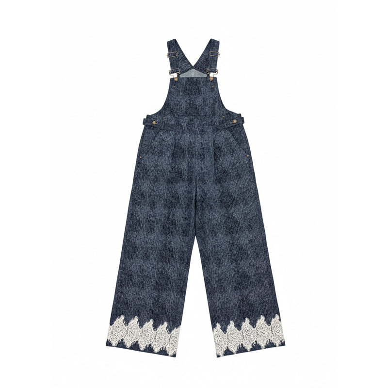 Guipure Lace-Hem Denim Overalls