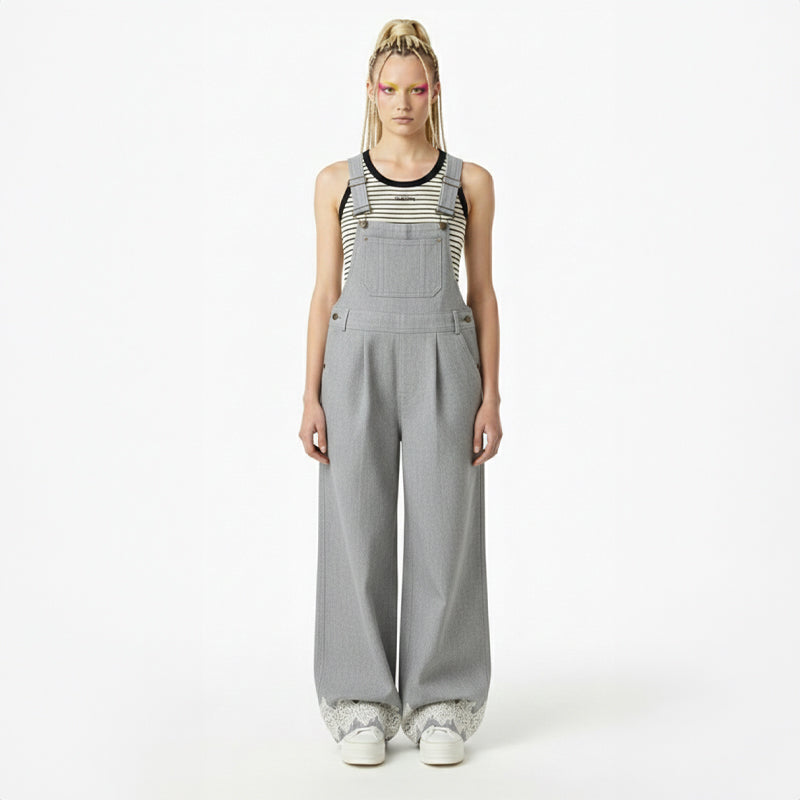 Lace-Hem Denim Overalls