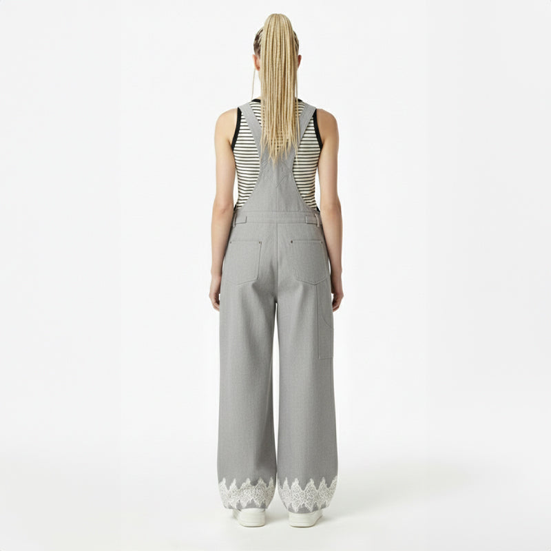 Lace-Hem Denim Overalls