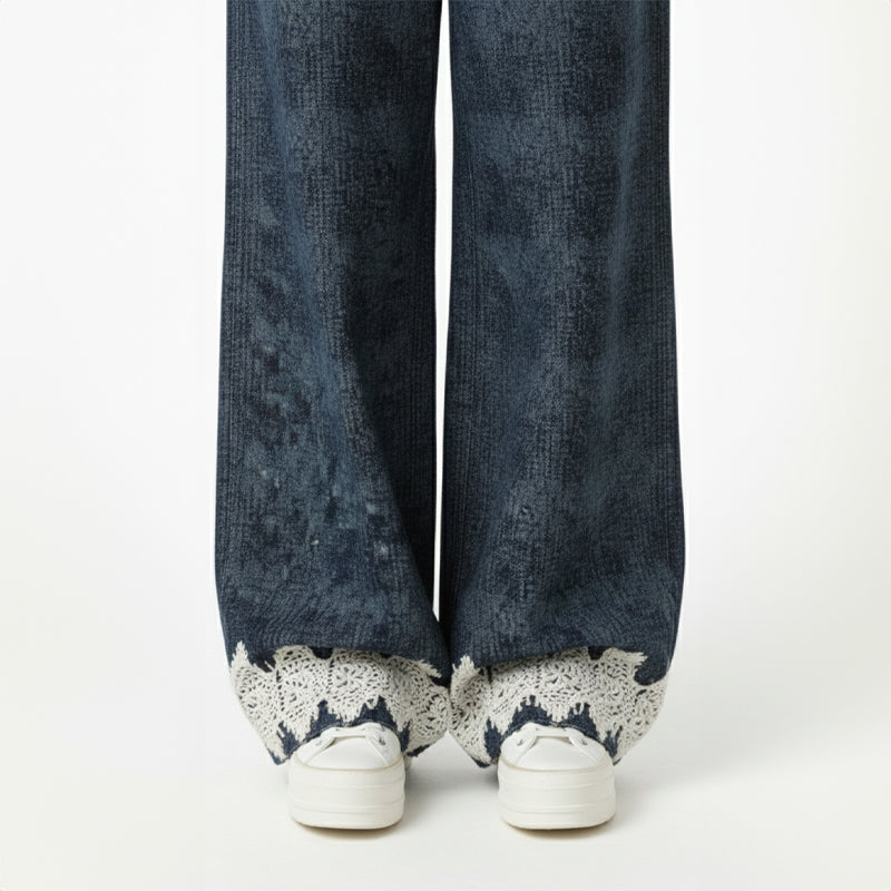 Guipure Lace-Hem Denim Overalls