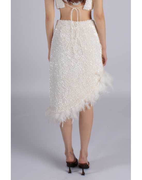 Sequined Feather-Trim Midi Skirt