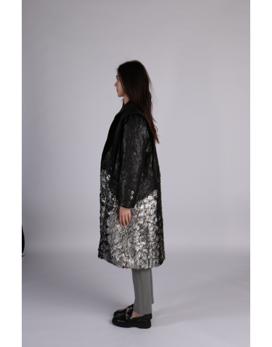 Metallic Embellished Oversized Leather Coat