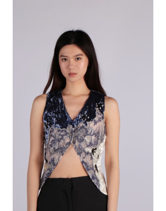 Asymmetrical Lace and Velvet Crop Top