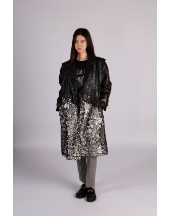 Metallic Embellished Oversized Leather Coat