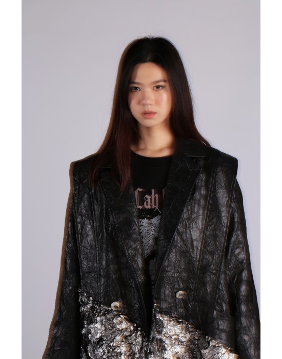 Metallic Embellished Oversized Leather Coat